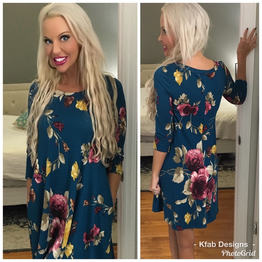 ❤️ LAST 1! Gorgeous Teal 3 Qtr Sleeve Pocket Dress - Picture 2 of 3